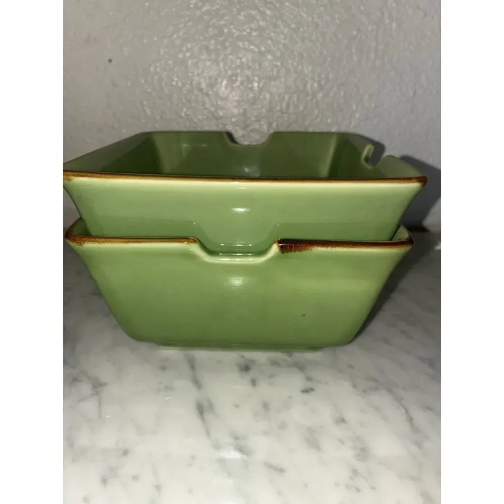 Pottery Barn Square Ramen Rice Noodle Bowl 6” Notch For Chopsticks Green